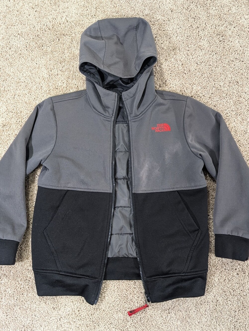 The North Face Boys S 7/8 Reversible Hooded Jacket Gray Black Broken Zipper